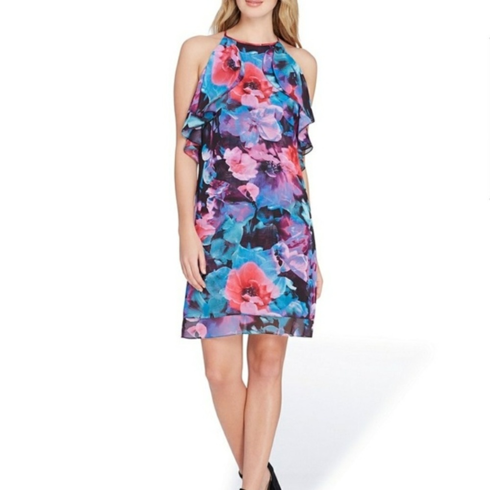 Tahari Sleeveless Floral Print Chiffon Shift Dress